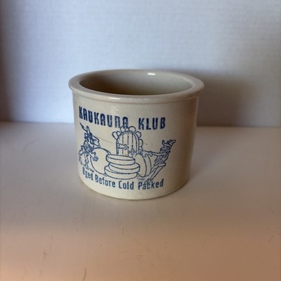 Vintage Kauna Klub Stoneware Cheese Mini Crock Blue Advertising - 2.25  Tall