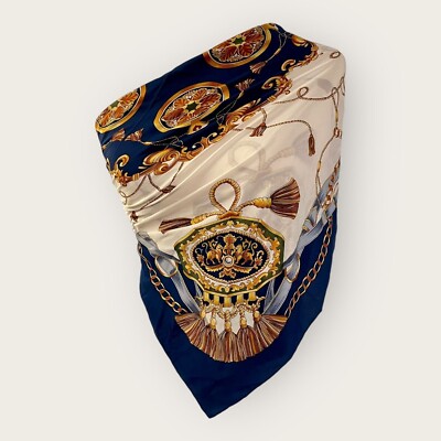 Ming Dynasty By Chen Silk Scarf 32''-34'' Navy & Gold Equestrian Chain Print Squar