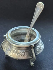 OLD RUSSIAN Silver Plated Open Salt Cellar Glass Insert Dip Mustard Pot Spoon 