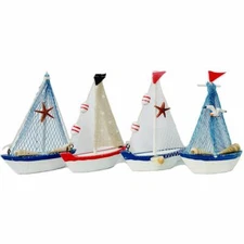 Decorative Wooden Sailboat Model 4 Pack, Handmade Vintage Nautical Decor Sailing