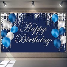 Blue and Silver Happy Birthday Backdrop Banner Sign Photo Background Party Decor