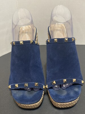 MARC FISHER Zyme2 Blue Studded Leather Suede Wedge Slide  Women’s Marc Fisher Navy Blue Wedge Sandals Size 7.5M ~ 4 inches main image 0