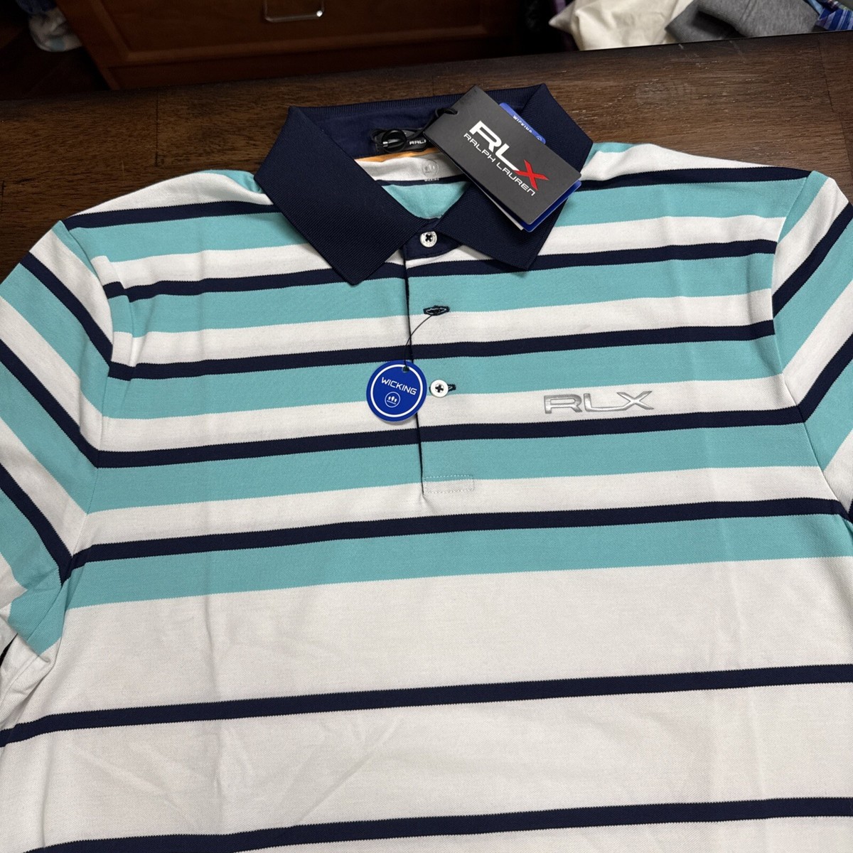 RLX Ralph Lauren ポロシャツ　Lサイズ Ralph Lauren RLX SZ L Mens SS Performance Blue White Striped Polo