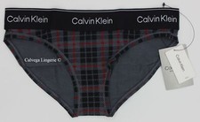 NWT Calvin Klein QF7778 "Modern" Logo Cotton Bikini Gray w/ Black / Red Plaid XS