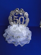 New 50th Wedding Anniversary Cake topper with white gold ruffle tulle lace 50