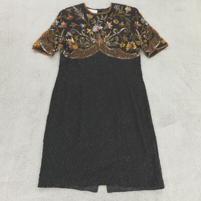 Parisian Room Silk Beaded Dress Womens Medium* Black Gold Floral Evening Sheath