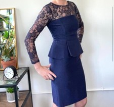 David Meister Sz 8 Navy Blue Peplum Lace Illusion Sleeve Pencil Sheath Dress