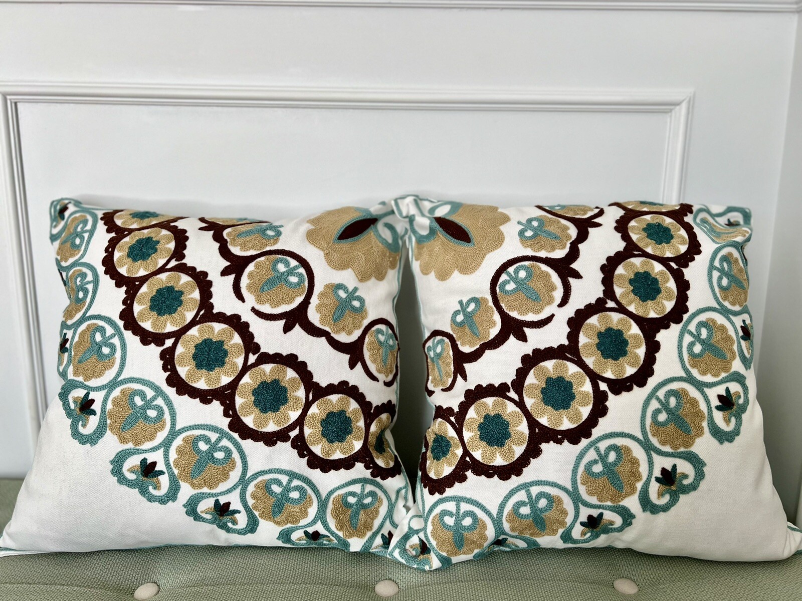 Set of 2 Embroidered Decorative Pillow Covers  18 x 18 Inch