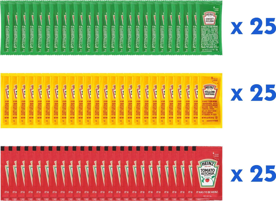 Condiment Packets on the Go, Ketchup, Mustard, Relish, 25 Packets Each