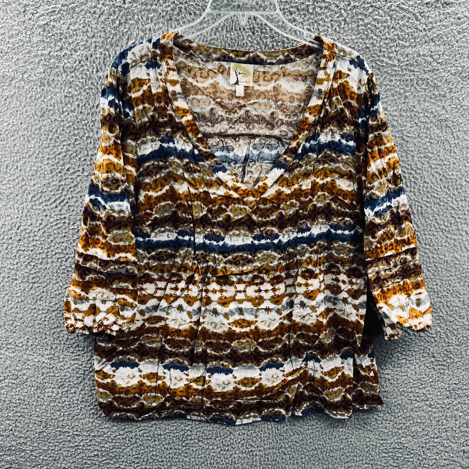 Fig Flower Womens Top 2X Brown Geometric Anthropologie Pullover 3/4 Sleeve Shirt