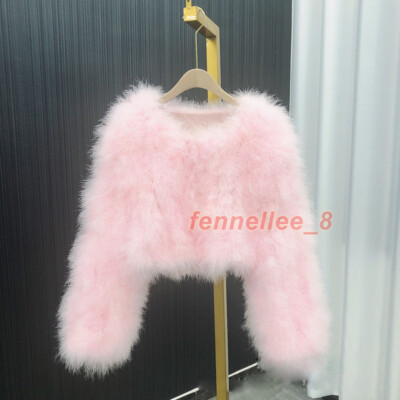 Womens Real Ostrich Feather Fur Short Coat Furry Real Fur Jacket