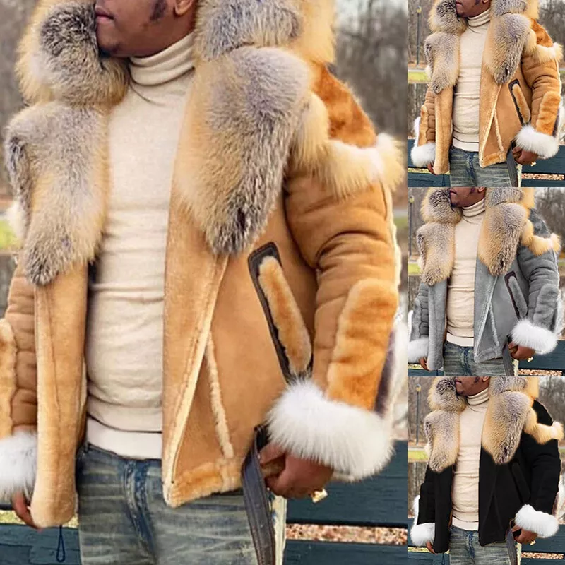 Men Faux Fur Suede Hooded Jacket Motorcycle Outwear Buckle Warm Loose Thick Coat