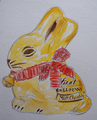 Original Easter Watercolour Painting of a Milk Chocolate Lindt Gold Bunny