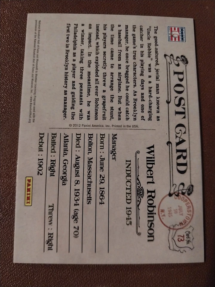 2012 WILBERT ROBINSON PANINI COOPERSTOWN HALL OF FAME CARD /599 BRONZE UNCLE #73 - Image 2 of 2