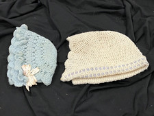 Vintage Baby Bonnets Lot 2 Ivory Blue Wool