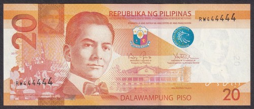 2013 NGC 20 Pesos Benigno Aquino SOLID NO. RW444444 Philippine Banknote - Picture 2 of 4