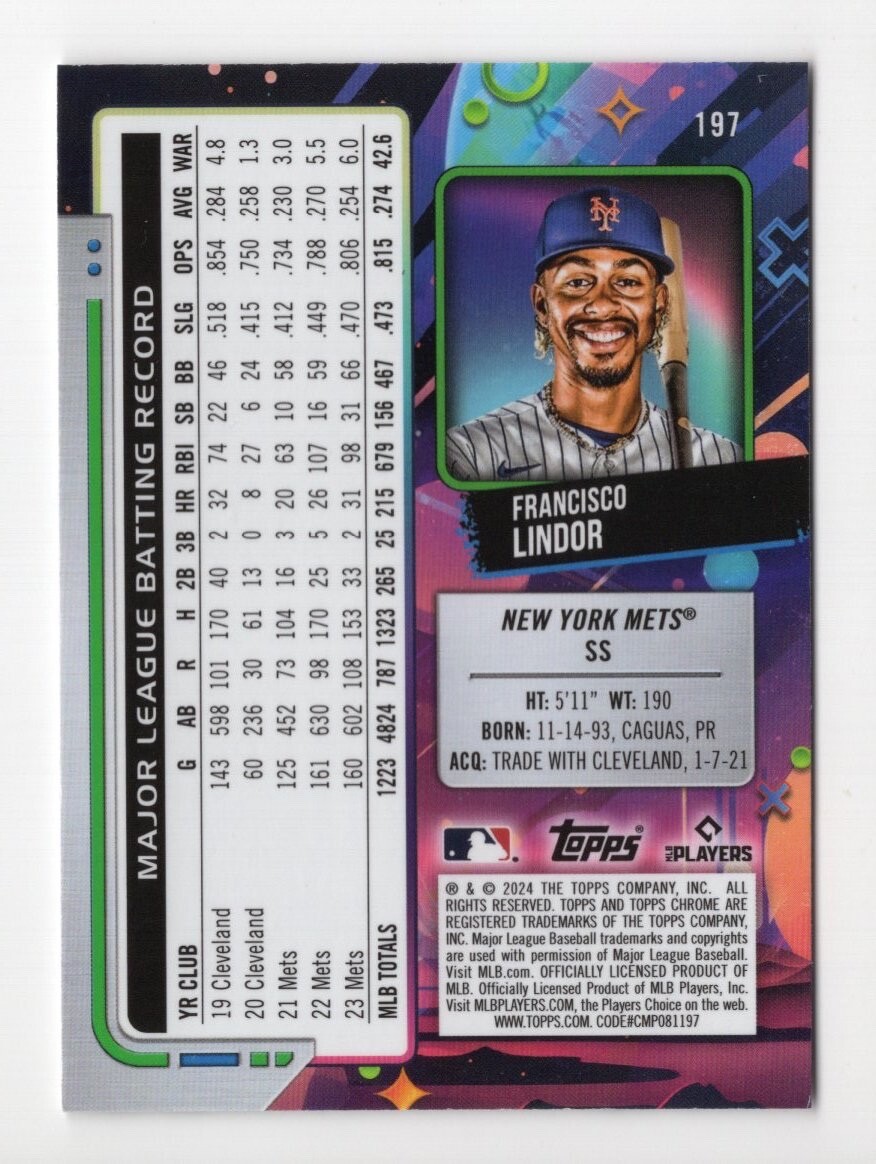 Francisco Lindor 2024 Topps Cosmic Chrome Baseball #197 New York 