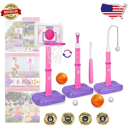 Toddler Sports Toy Set: Adjustable Basketball Hoop & Hanging T-Ball for Ages 3-6