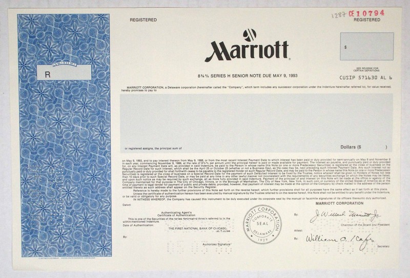 Marriott Corp., 1988. Registered 8 3/4% Specimen Bond., XF-AU, S-C USBNC.