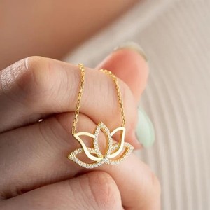 Authentic Lotus Flower Pendant 0.50 Ct Round Cut Simulated Diamond 14K Yellow Gold Plated