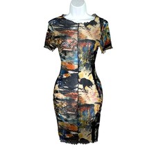 Blanc Clothing Mesh See Through Dress S Abstract Print Mini Bodycon Party 90s