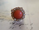 Antique Art Deco 18k Yellow Gold Coral and 1 CT Diamond Flower Ring 7.2 Gr