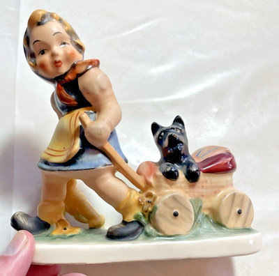 Friedel Figurine Vintage Bavaria Germany Hand Painted Girl Dog Teddy Bear Wagon