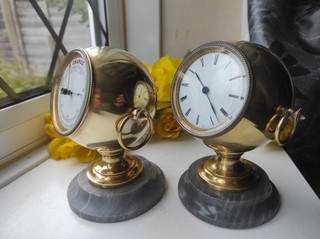 QUALITY ANTIQUE PAIR OF BRASS BALL ON MARBLE DESK CLOCK & BAROMETER c1890