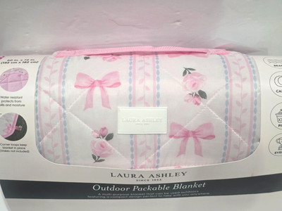 Laura Ashley Pink Bows Shabby Chic Picnic Beach Outdoor Blanket 60'' x 72''