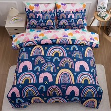 5 Piece Rainbow Comforter Set for Girls Boys Kids Size Cartoon Full Dark Blue