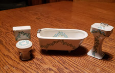 Vintage ceramic doll house bathroom set floral miniatures, sink, toilet and tub