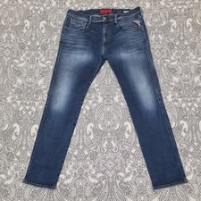 Mens Jeans Replay Anbass M914 W36 L32 Indigo Blue Slim Stretch Denim Zip Fly