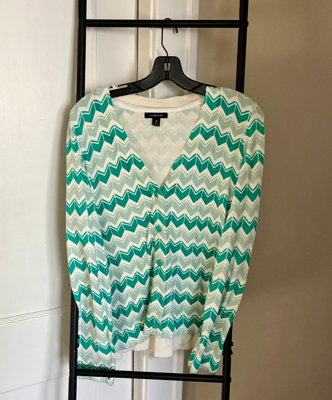 LAND'S END Turquoise Chevron Pattern Cardigan w/C… - image 1