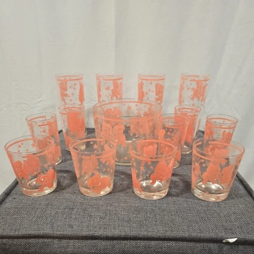 Vintage 1950's Hazel Atlas Dancing Pink Elephants Glasses, set of 14