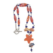 Boho Murano Glass Starfish Porcelain Fish Station Necklace Artisan Beachy Summer