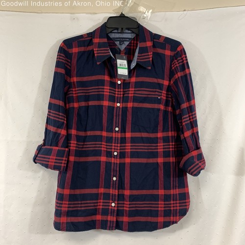 NWT Tommy Hilfiger Navy/Red Plaid Women's Roll-Tab Sleeve Blouse, Sz. L