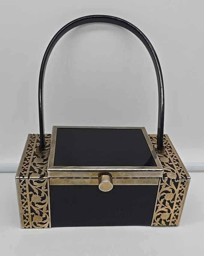 Rare Vintage Tyrolean NY 1930s Lucite Box Black Metal Purse Filagree Handbag - Image 2 of 4