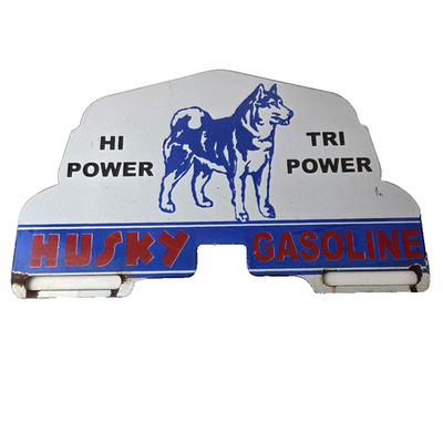 Vintage Husky Gasoline Sign Topper - Gas Auto Car Porcelain License Plate Topper