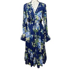 ASOS Maternity Open Back Midi Dress US 6 Blue Floral Sheer Blouson Sleeve NWOT