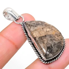 Mud Crack Fossil Gemstone Handmade 925 Sterling Silver Jewelry Pendant 1.97"