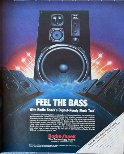 1986 Radio Shack anuncio impreso vintage siente el bajo digital listo Mack dos altavoces - Imagen 1 de 1