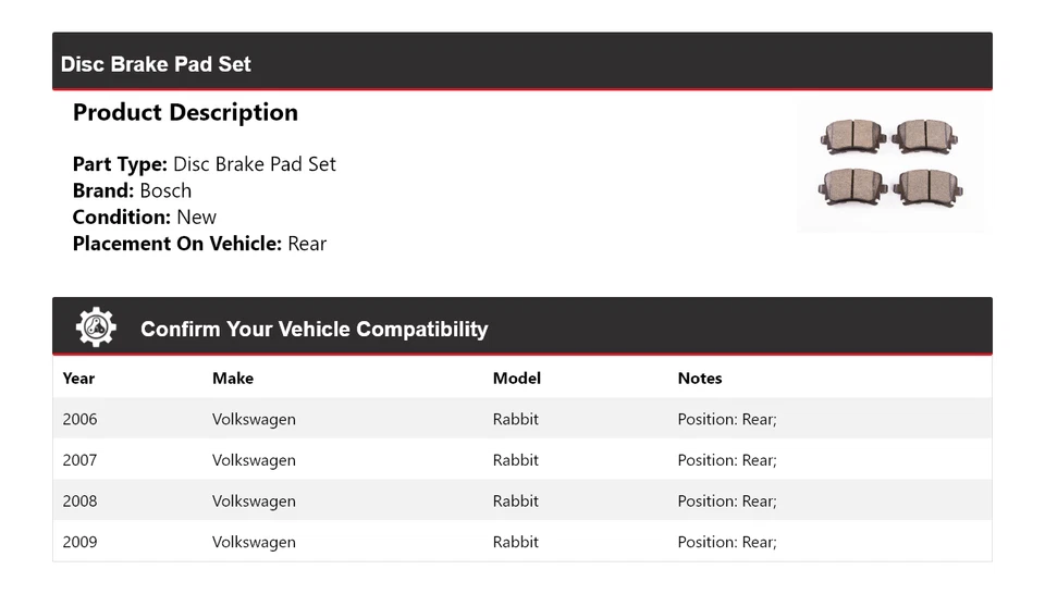 Pastillas de freno traseras de cerámica QuietCast 2007 para Volkswagen Rabbit Bosch 2006-2009 Foto 2 de 4