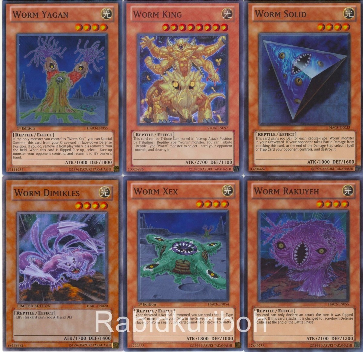 Yugioh Worm Set - King + Xex + Yagan + Rakuyeh + Solid + Dimikles