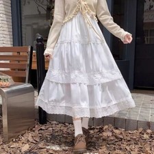 Japanese Mori Girls Lace A-Line Skirt Lace High Waist School Ruffles Midi Skirt