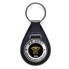 US Army Automated Logistical Specialist Black Leather Keychain Silver Keyring 