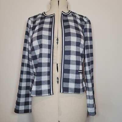 Marks And Spencer Womens Jacket Blazer Navy Blue Check Size 12 Slim Fit