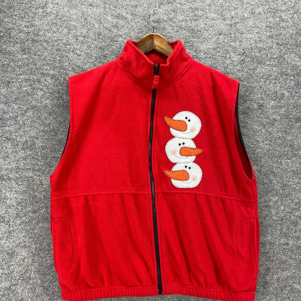 Chaleco Sierra Pacific Mujer L Grande Rojo Muñecos de Nieve Cuello Alto Cremallera Completa Vellón Foto 3 de 4