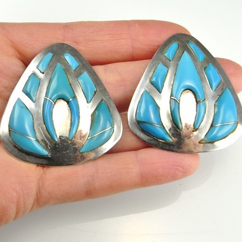Large Turquoise Earrings Handmade Native American Turquoise Earrings Old Pawn - Picture 3 of 10