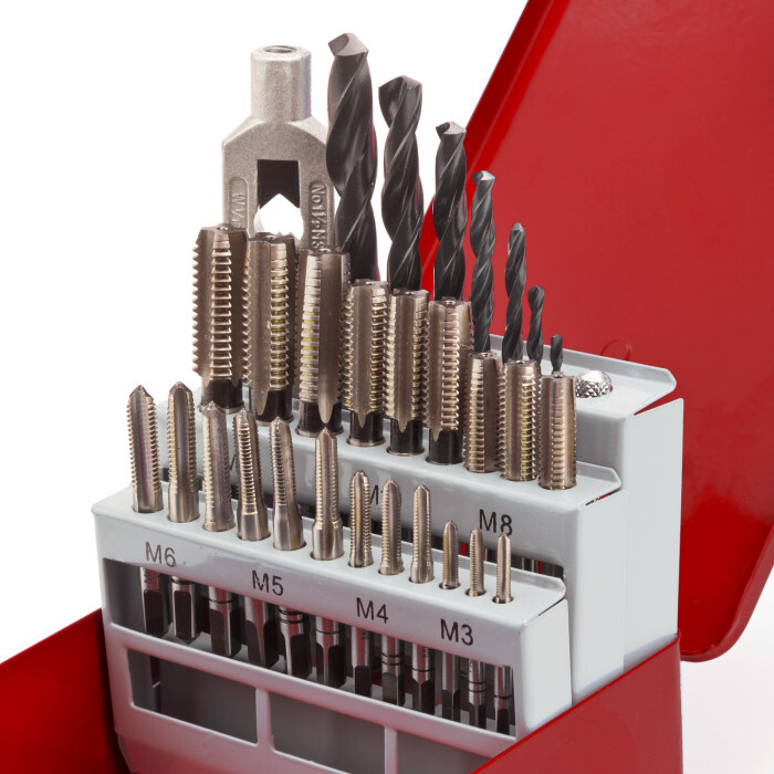 Coffret de tarauds HSS et forets helicoidaux avec tourne-a-gauche pour atelier 29 pieces