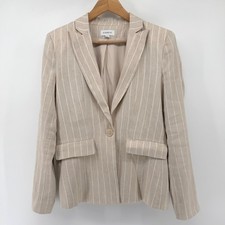 Evereve Womens S Beige Pinstripe Linen Blend Single Button Blazer Jacket